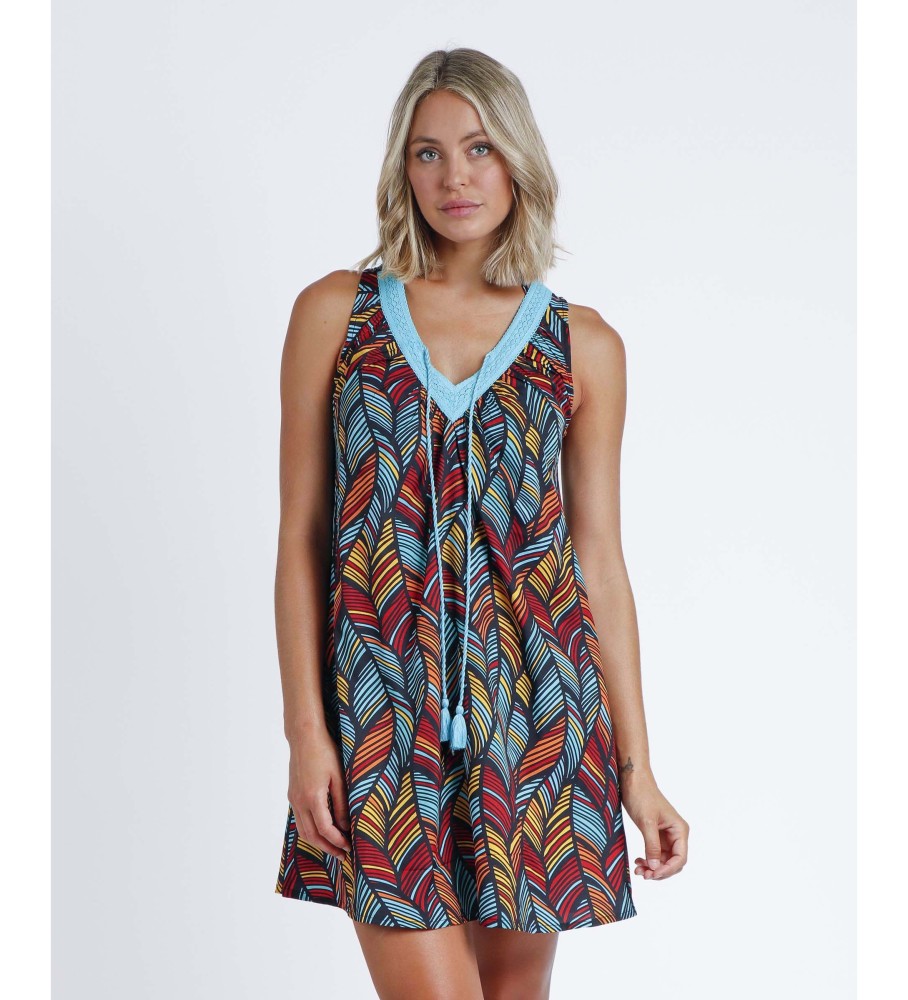 Vestido Admas sem mangas com penas étnicas multicoloridas