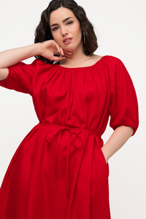 Midikleid, Bindegürtel, Rundhals, Ballon-Halbarm