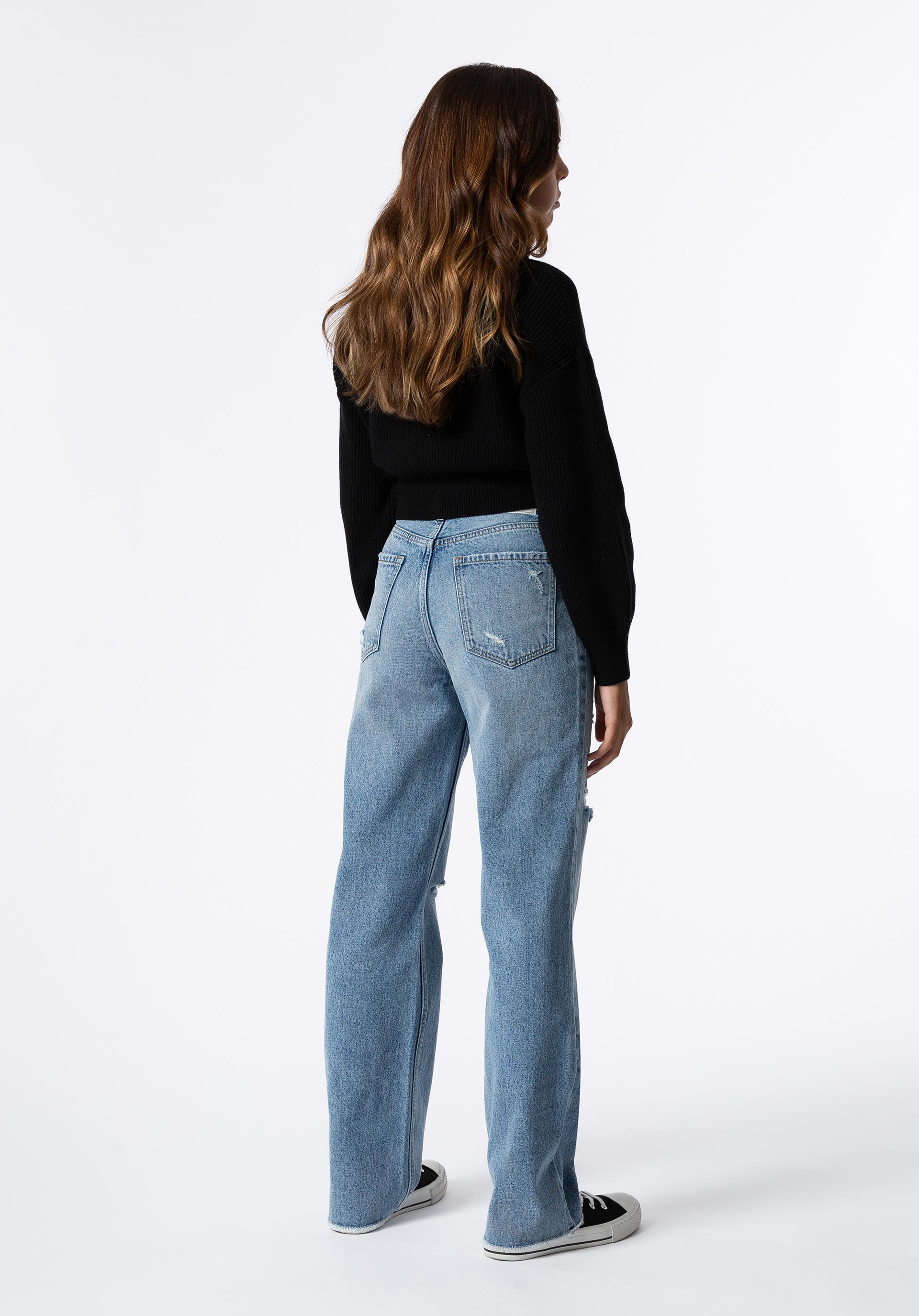 Jeans Taylor Straight Fit Cintura Alta Rasgões