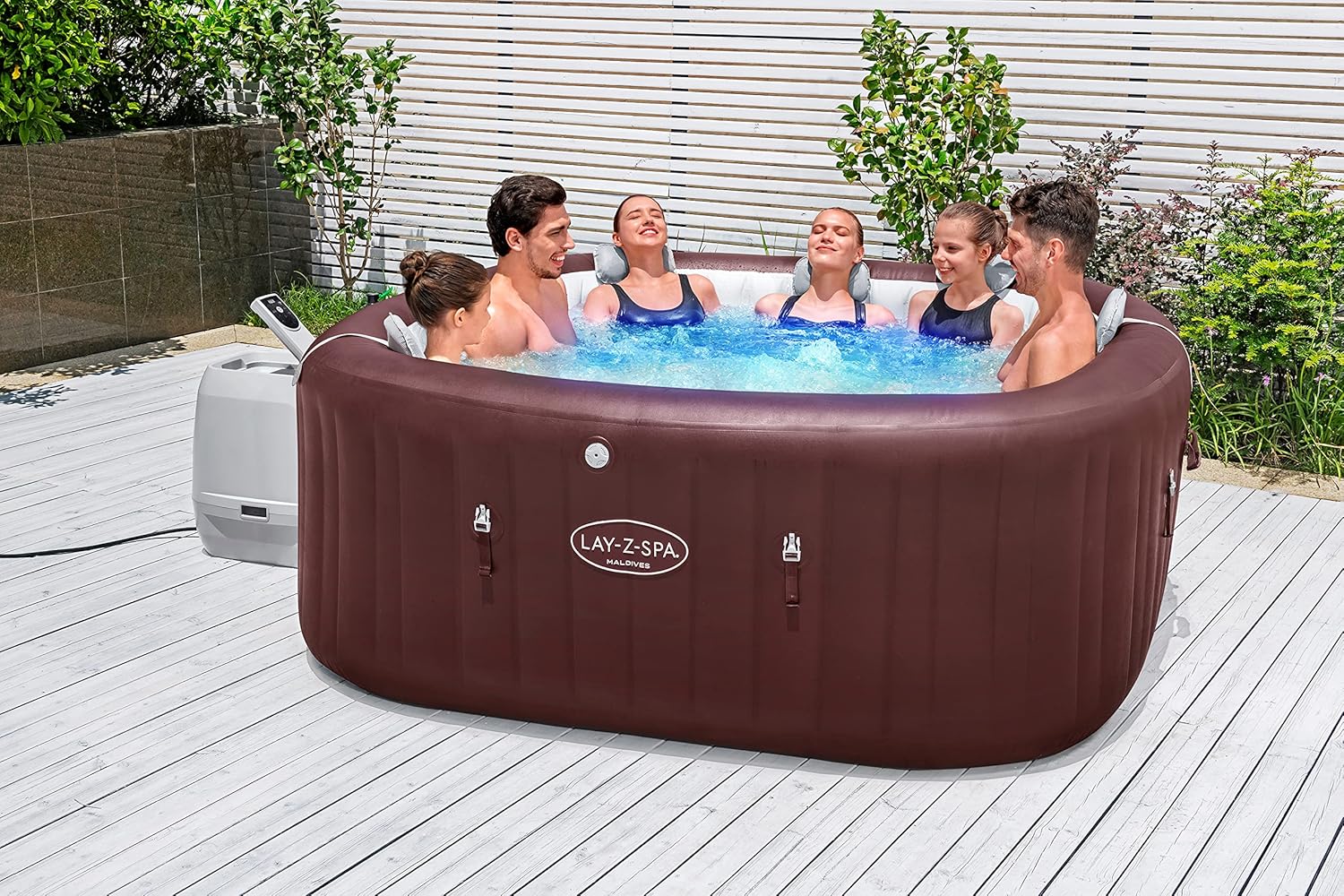 Bestway LAY-Z-SPA Energiespar-Whirlpool Maldives HydroJet Pro, 201 x 201 x 80 cm, 7 Personen, Heizung, Frostwächter, 8 HydroJet-Düsen, 180 AirJet-Düsen, App-Steuerung, Thermo-Abdeckung, Mahagoni, LEDs