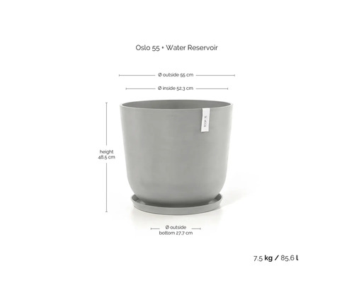 Ecopots Oslo kunststof bloempot, Ø 52,3 cm, 55 x 55 x 48,5 cm, grijswit