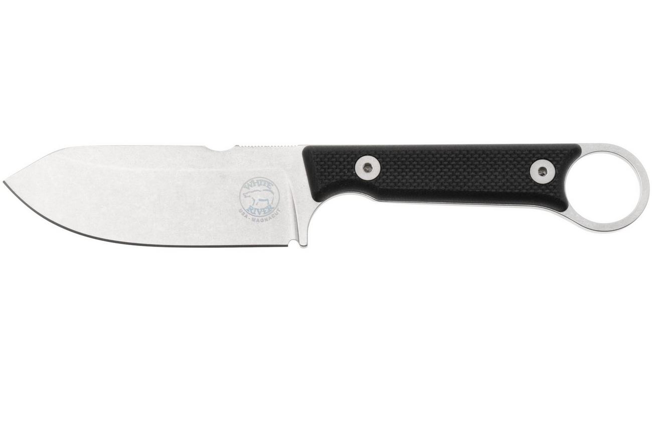 White River Firecraft 3.5 Pro, Stonewashed Magnacut, Black G10, survivalmes, Kydex schede met firesteel