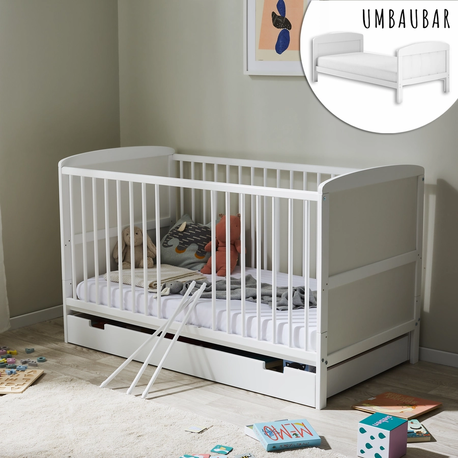 Kids Collective Babybett 70x140 Umbaubares Gitterbett höhenverstellbar & herausnehmbare Sprossen weiß mit Schublade