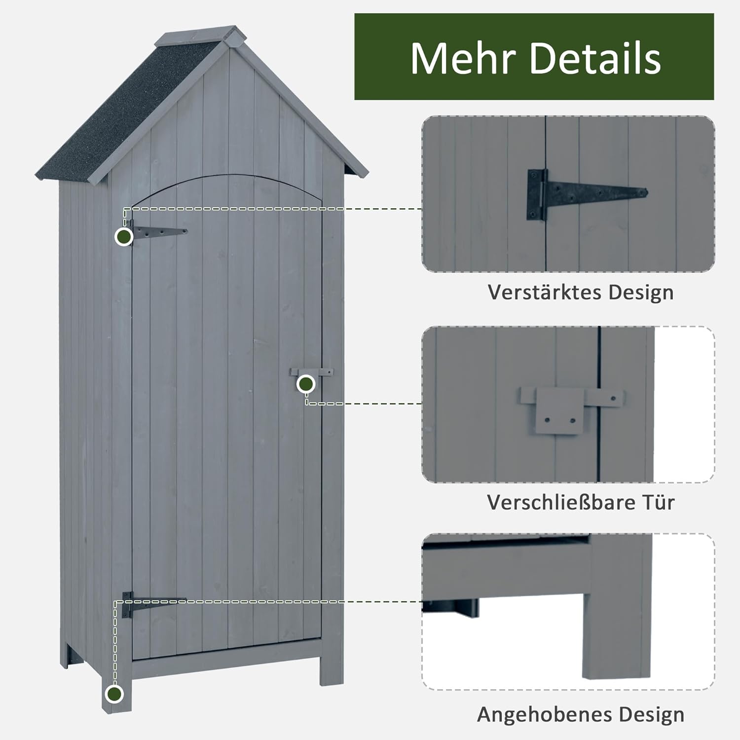 Outsunny Gartenschrank Holz Gerätehaus Gartenhaus Geräteschuppen Geräteschrank Holzhütte Giebeldach Bitumenpappe Grau 77,5 x 54,2 x 179,5 cm