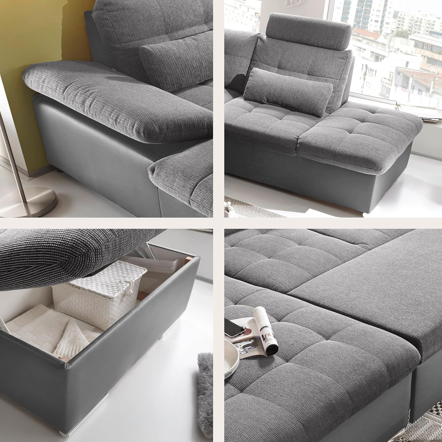 JAKARTA Wohnlandschaft in U-Form in Lederoptik, Dunkelgrau / Anthrazit - Ausziehbares Sofa mit Schlaffunktion & Bettkasten - 324 x 107 x 170 (218) cm (B/H/T)