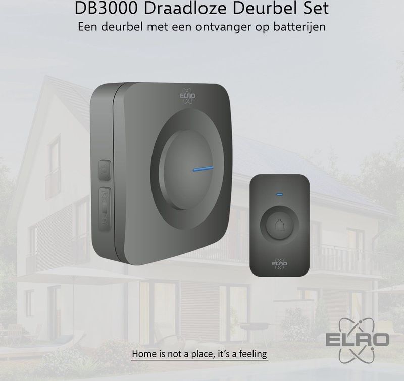 ELRO DB3000 Draadloze Deurbel Set – met Ontvanger op batterij - Bereik 300 meter - IP65 Waterdicht - 64 Melodieën - Zwart
