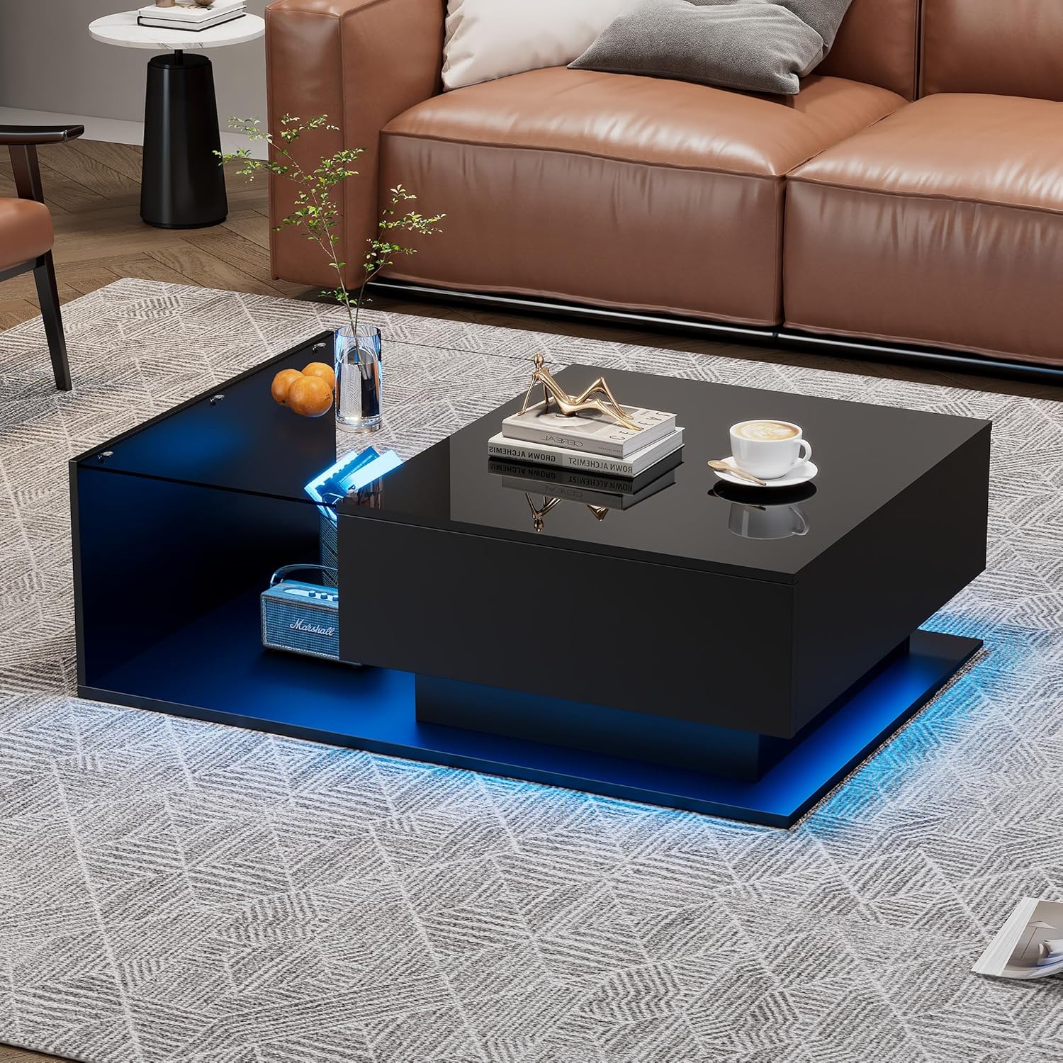 okwish Couchtisch Rechteckig, LED-Hochglanz Beistelltisch für Schlafzimmer, Wohnzimmertische mit Stauraum fürs Wohnzimmer, Beistelltisch mit Glasplatte und Schubladen, Schwarz