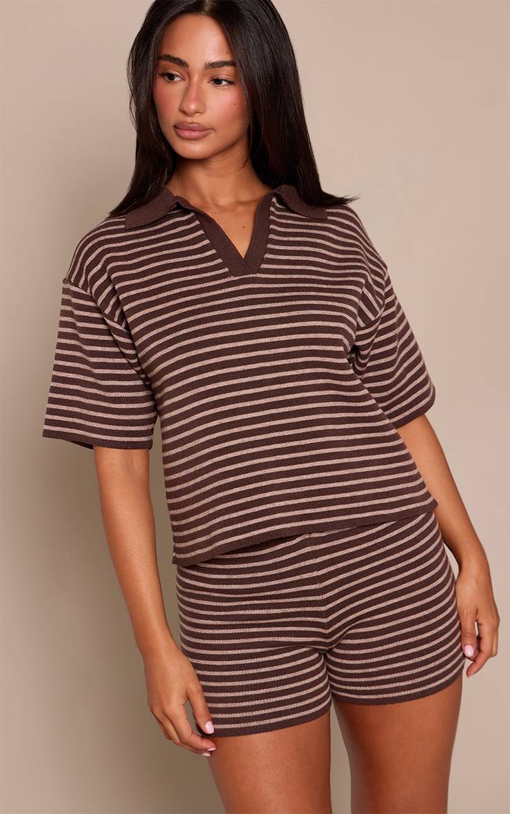 Marron Short Ajusté En Maille Rayée Petite