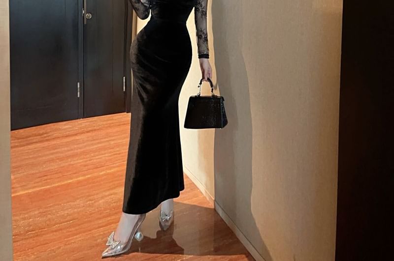 Sistyr - Lange mouwen ronde hals kanten fluwelen bodycon maxi-jurk