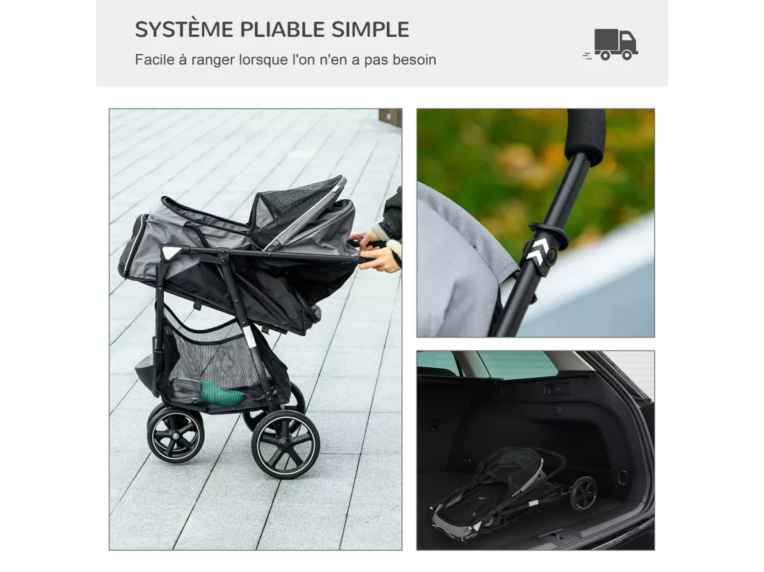 Poussette buggy pliable pour chien chat - 2 attaches, guidon réglable, panier - acier oxford gris