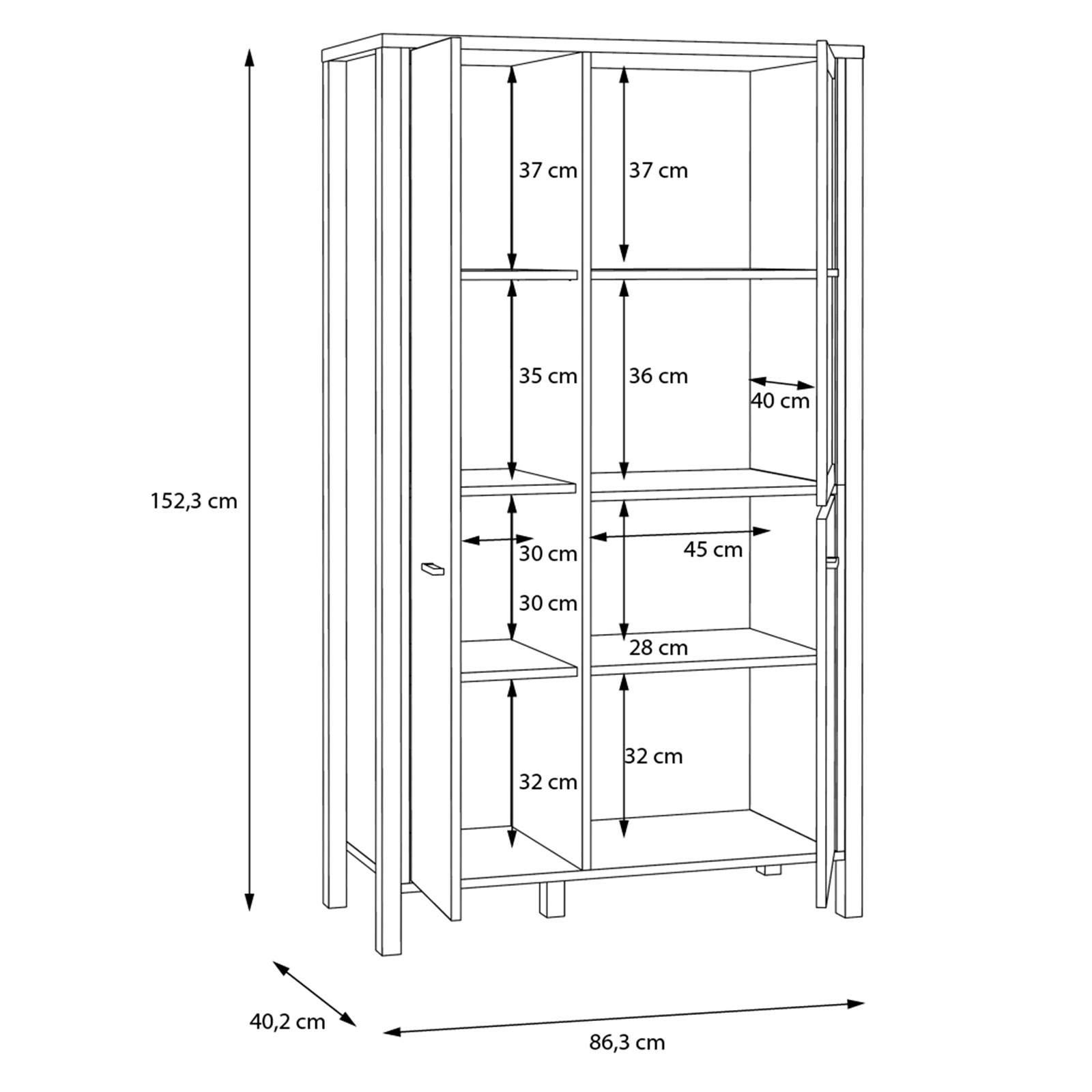 Highboardvitrine - Riveria Eiche - schwarz - 152 cm hoch