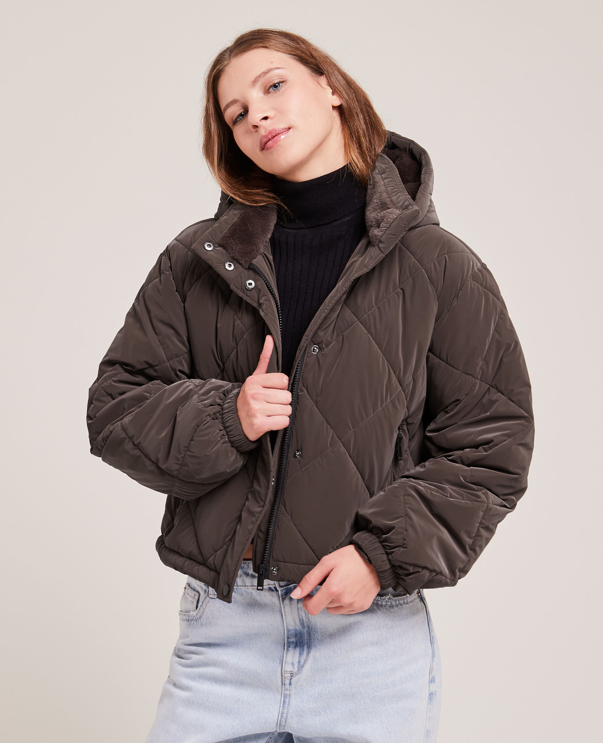 Doudoune cropped avec capuche fourrée - Marron
