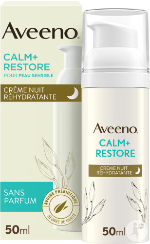 Aveeno Calm+ Restore Crème De Nuit Réhydratante Sans Parfum Peau Sensible Flacon Pompe 50ml