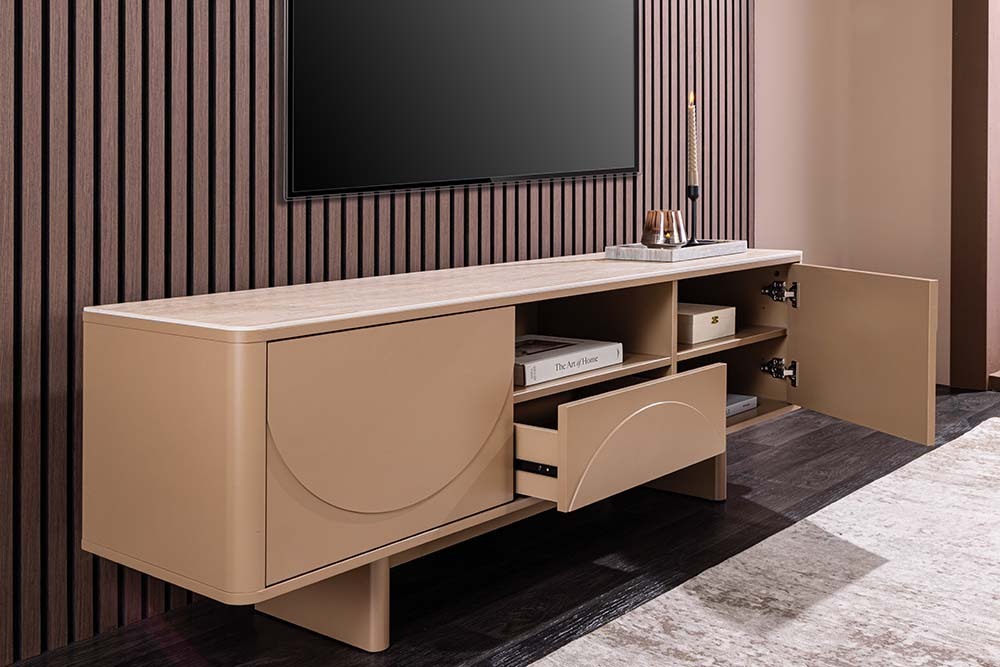 Design TV Board SAVOY 150cm grau beige greige Travertin Keramik mit Schublade 3D-Front
