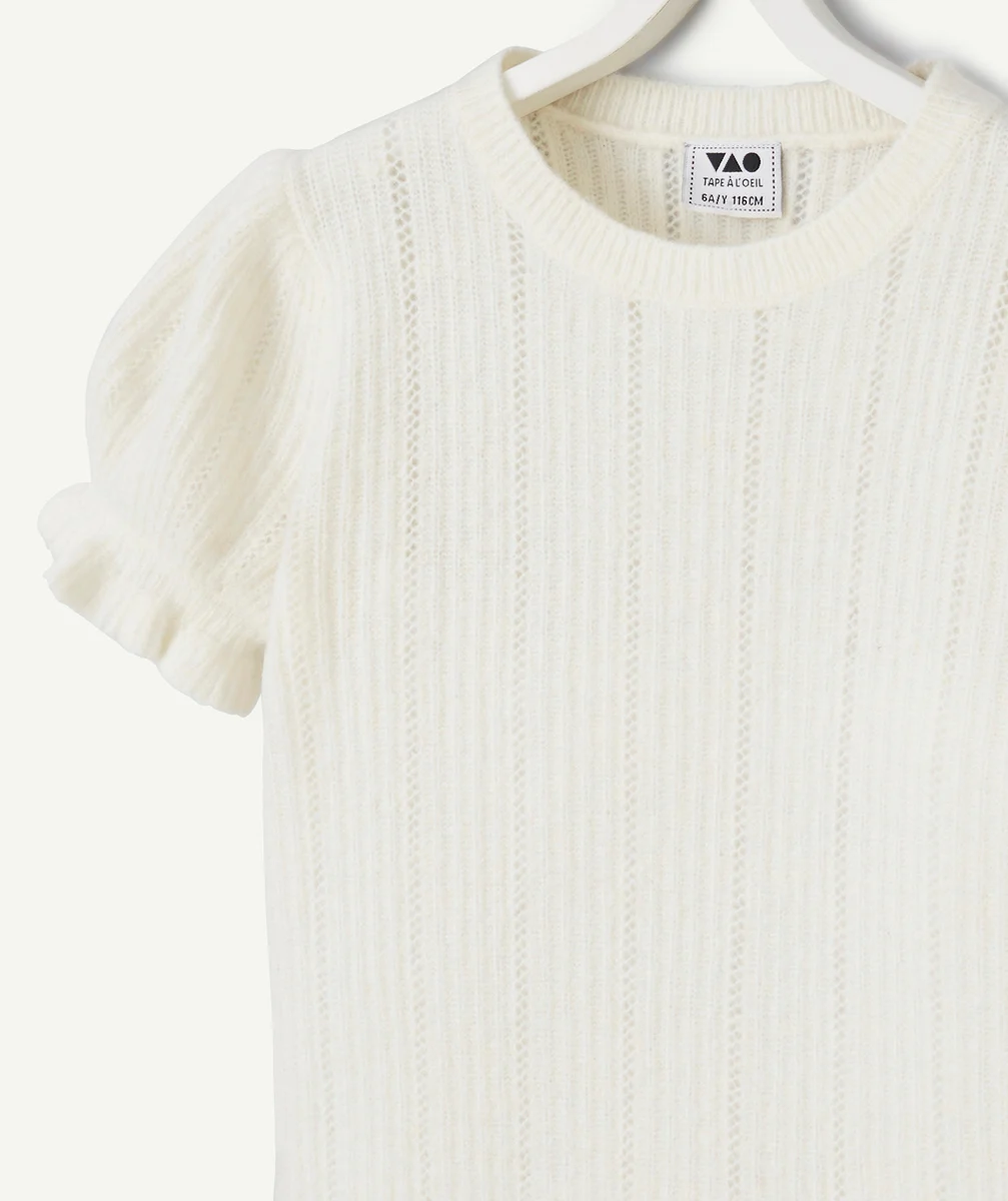PULL AJOURÉ MANCHES COURTES FILLE EN FIBRES RECYCLÉES ÉCRU