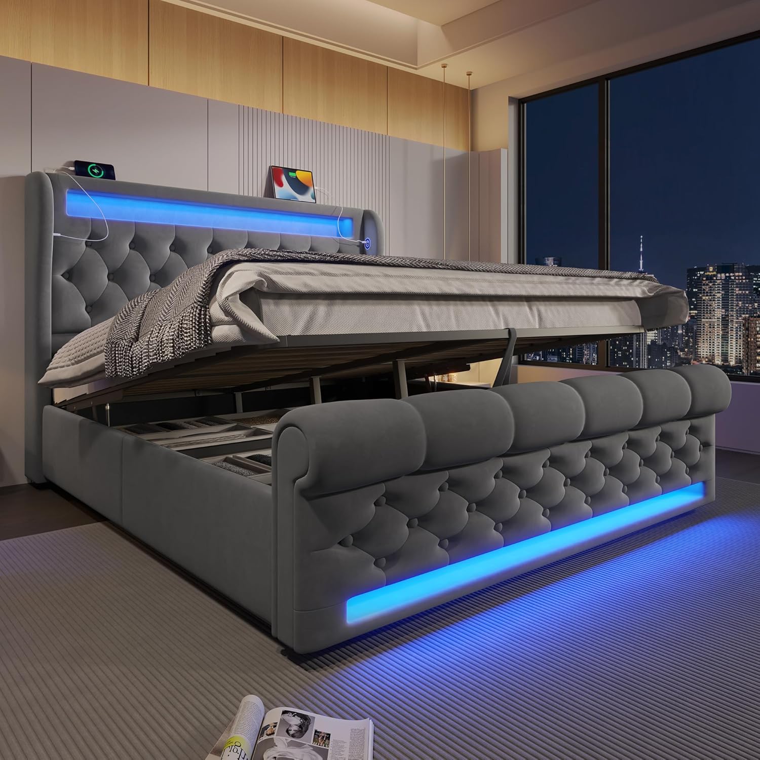 Polsterbett 140x200 cm, Doppelbett mit LED-Leuchten, Kopfteil mit USB- und Typ-C-Anschlüssen, Hydraulisches Stauraumbett, für Jugendliche und Erwachsene, Samt, Grau (Ohne Matratze) SK2623696