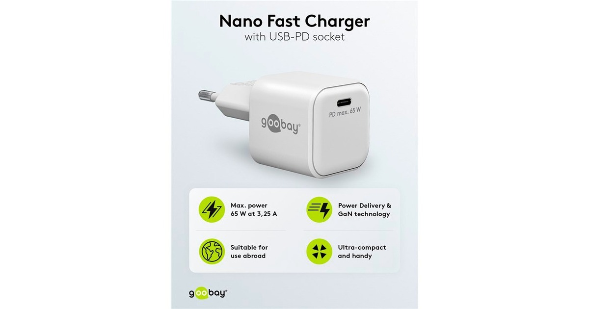 goobayUSB-C PD GaN snellader Nano (65 W)   (Wit, 1x USB-C, Power Delivery 3.0)