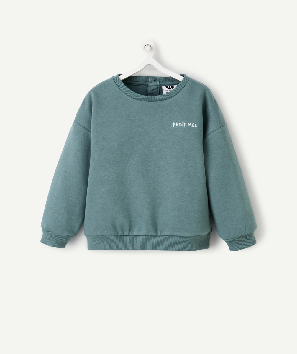 SWEAT BÉBÉ GARÇON EN FIBRES RECYCLÉES VERT AVEC MESSAGE BRODÉ PETIT MEC