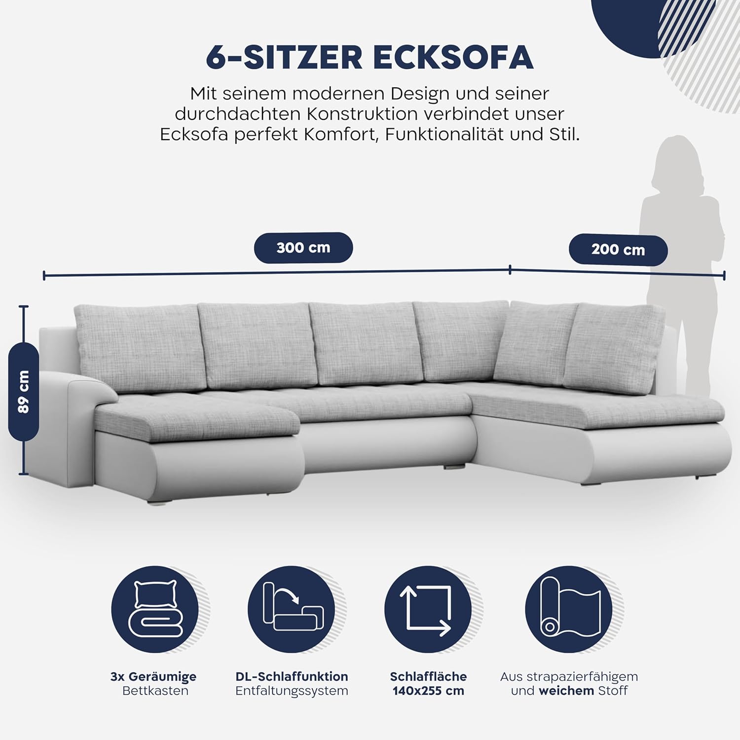 Mebligo - Ecksofa mit Schlaffunktion und 3 Bettkasten FORESTA 300x89x200 (BxHxT) Cord - Grün - Ottomane Rechts Eckcouch, Couch U Form, Sofa Wohnzimmer, Sofas & Couches, Eckschlafsofa