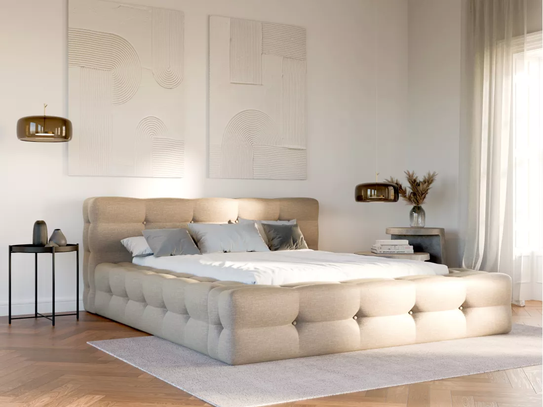 Lit capitonné 180 x 200 cm - Tissu chiné - Beige - LERUCO de Pascal Morabito