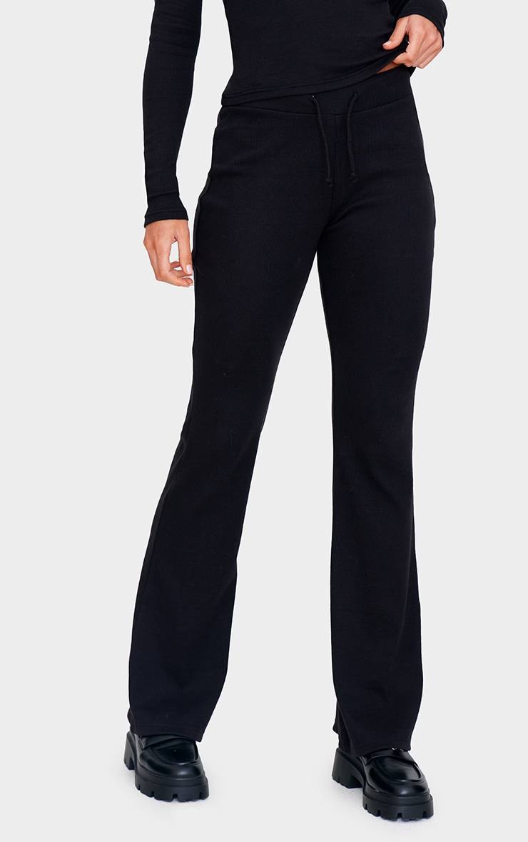 Noir Pantalon Évasé Côtelé À Cordon De Serrage Tall