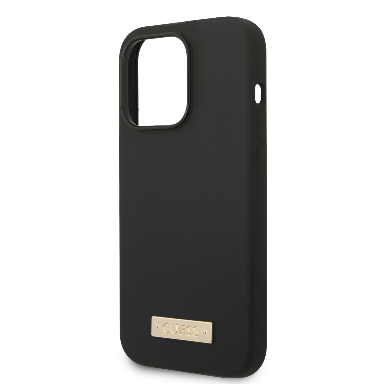 iPhone 14 Pro MagSafe Silikon Hardcase Hülle Logo Plate (GUHMP14LSBPLK) - Schwarz / Gold