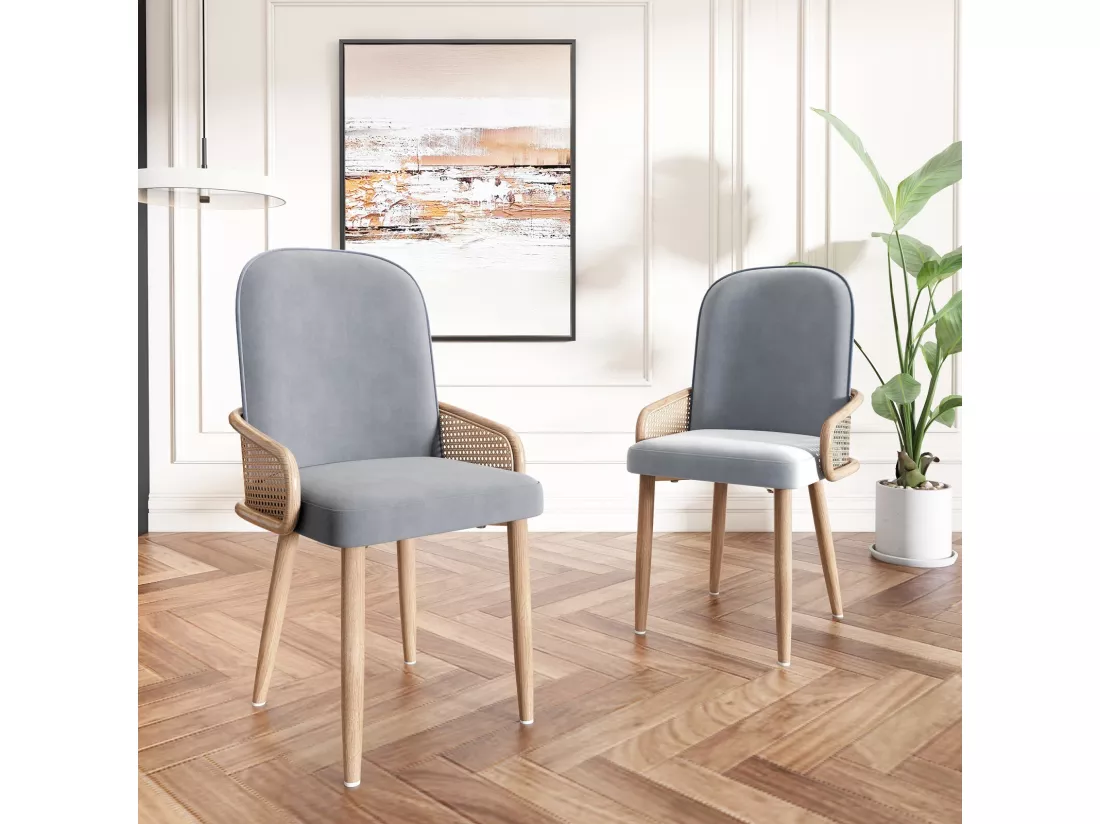 Lot de 6 chaises en métal et rotin, pieds en métal grain de bois, 45x43x90cm, Gris