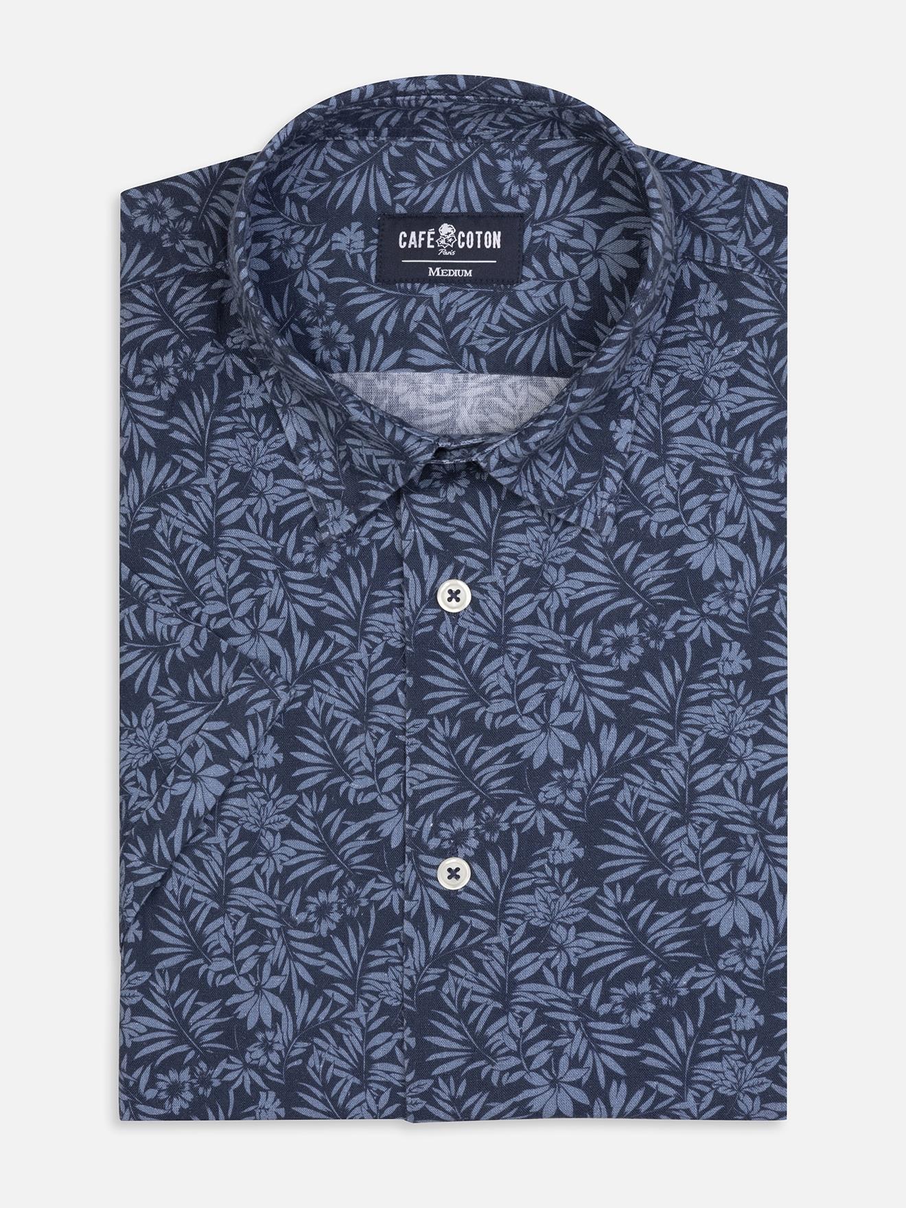 Chemise manches courtes Spike en lin marine à motif floral