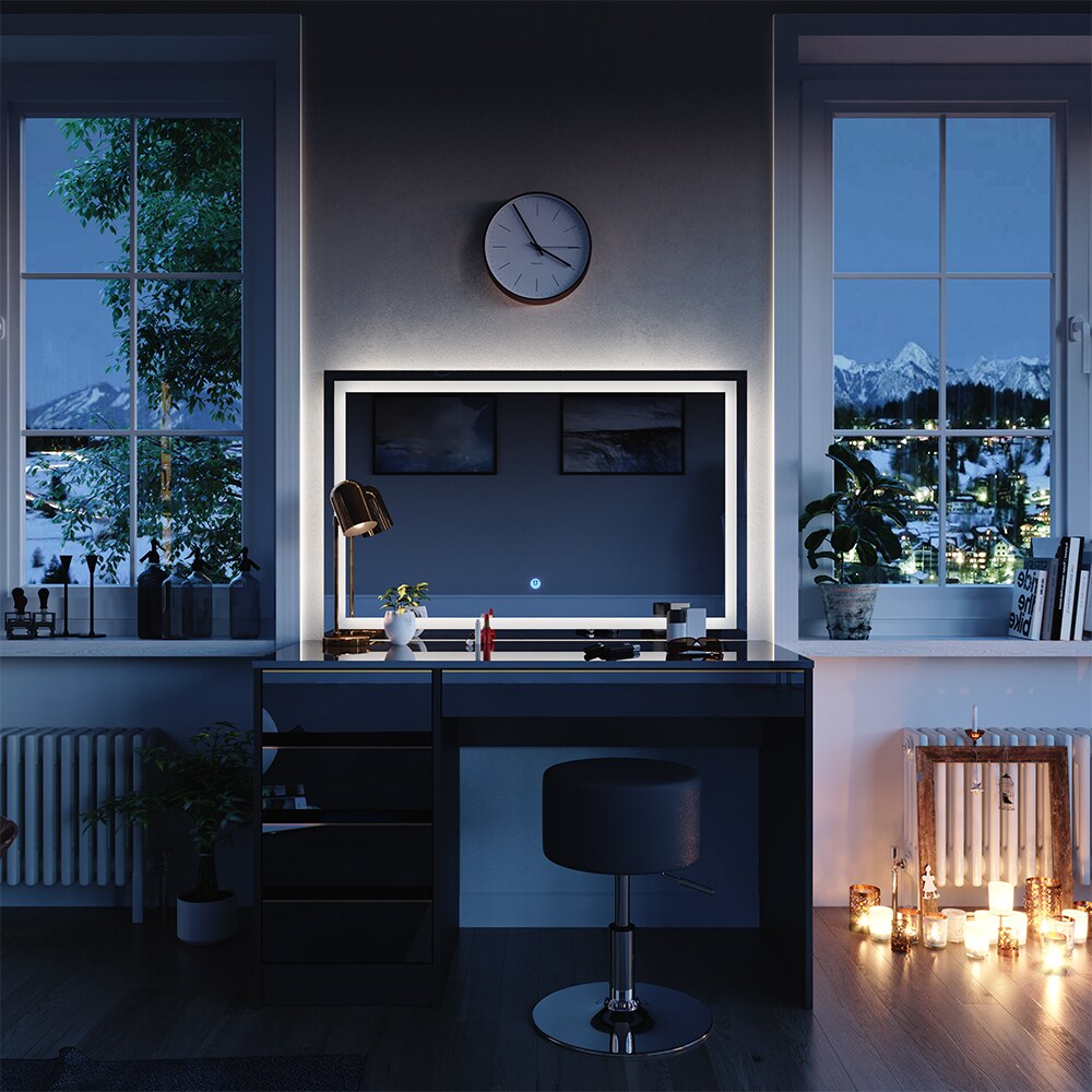 Vicco Schminktisch Sherry Schwarz Hochglanz Gold 120 x 75 cm 5 Schubladen LED-Spiegel Hocker