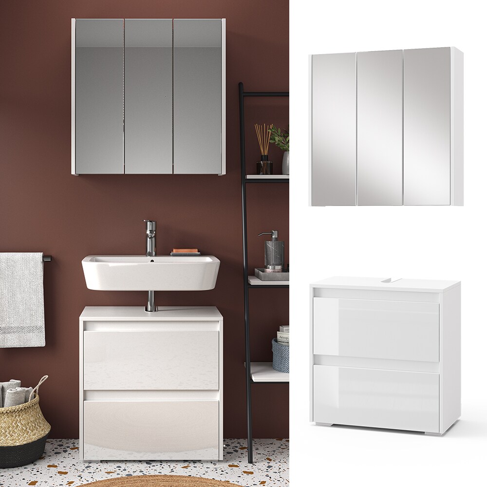 Vicco Badmöbel-Set Badezimmer-Möbel Bad-Schrank Majest Weiß Hochglanz modern Badezimmerschrank Waschbeckenunterschrank Spiegelschrank Schranktür Schrankfach Schrankschublade