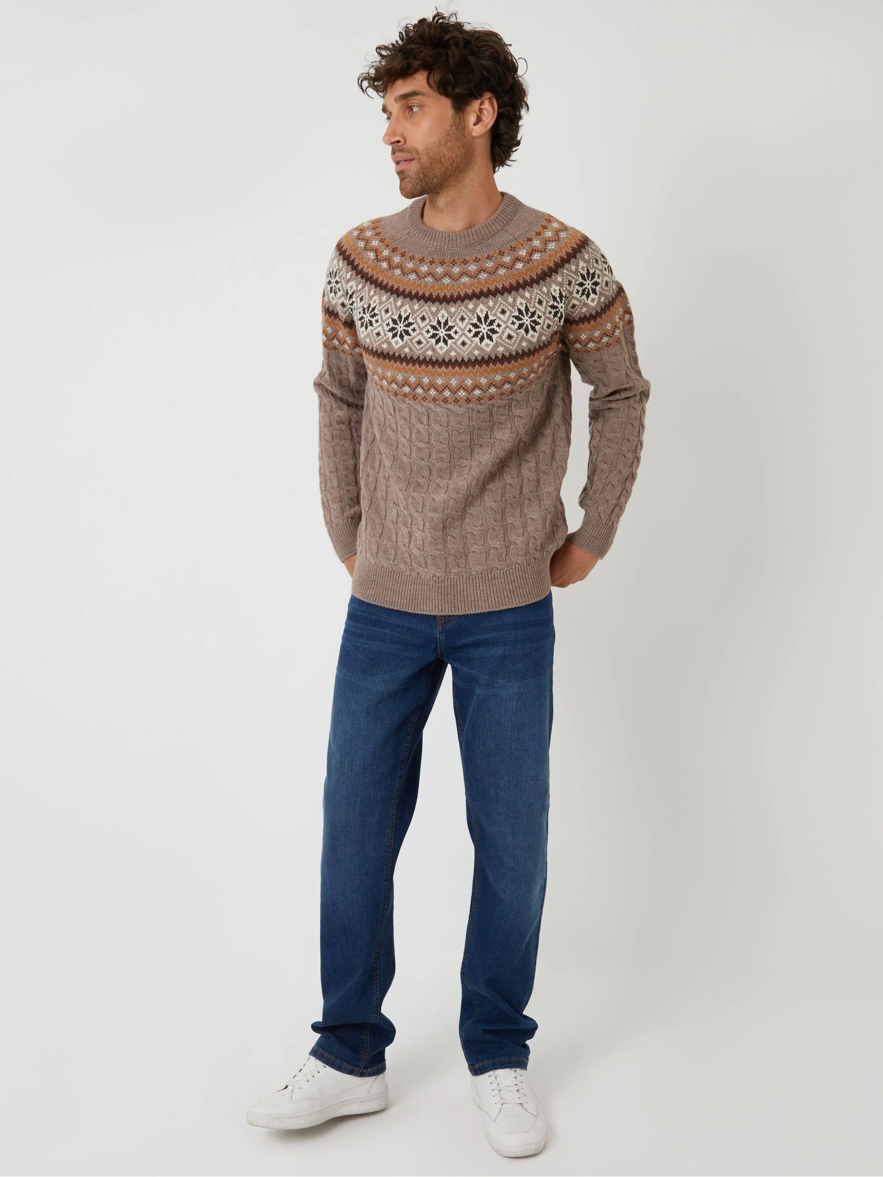 Bruin - Threadbare kabelgebreide kersttrui met ronde hals en fairisle-patroon