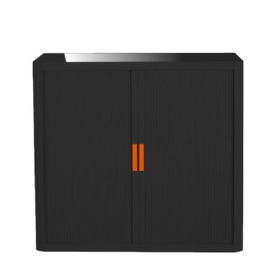Armoire basse à rideaux EASY OFFICE - 110 x 104 x 41,5 cm - Corps et rideaux noir - Poignée orange