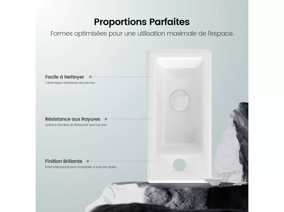 EMKE Lavabo Mural pour Salle de Bain 365 x 180 x 90 mm, Vasque Rectangulaire en Céramique, Trou de Robinet à Droite, Blanc Brillant
