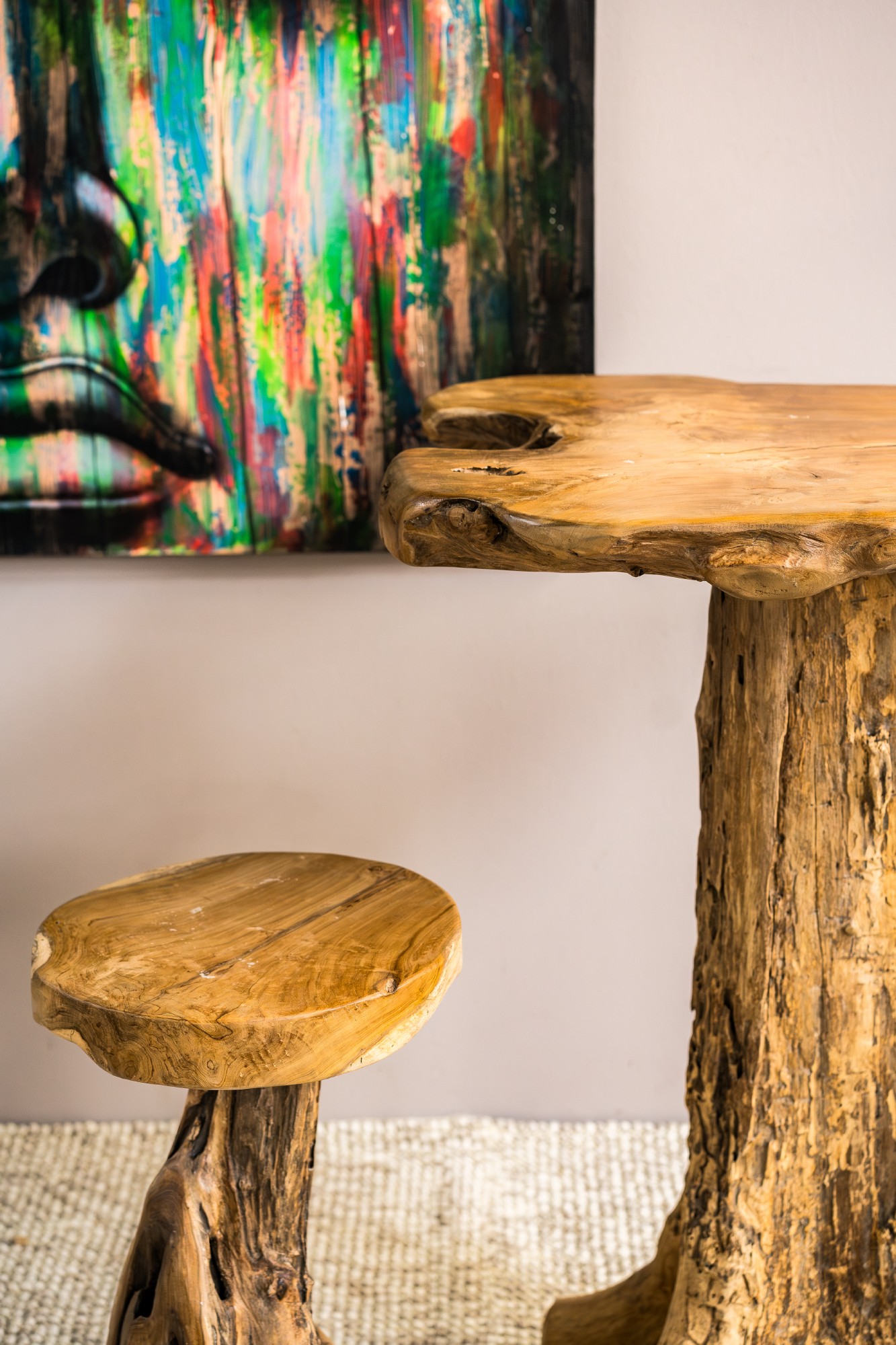 Wurzelholz-Barhocker 'Primitive', Teak natur, H 75 cm, Ø 45 cm von fischer's lagerhaus