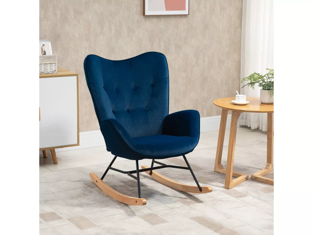 Fauteuil à bascule oreilles rocking chair grand confort accoudoirs assise dossier garnissage mousse haute densité aspect velours bleu