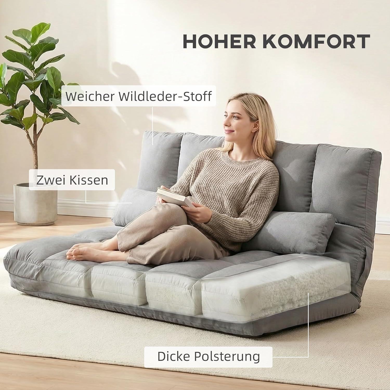 HOMCOM Bodensofa Schlafsofa Bodensofa mit 3-stufig verstellbar Rückenlehne, 5-stufig verstellbar Kopfstütze, Klappsessel Sofabett Hellgrau 130 x 73 x 60 cm
