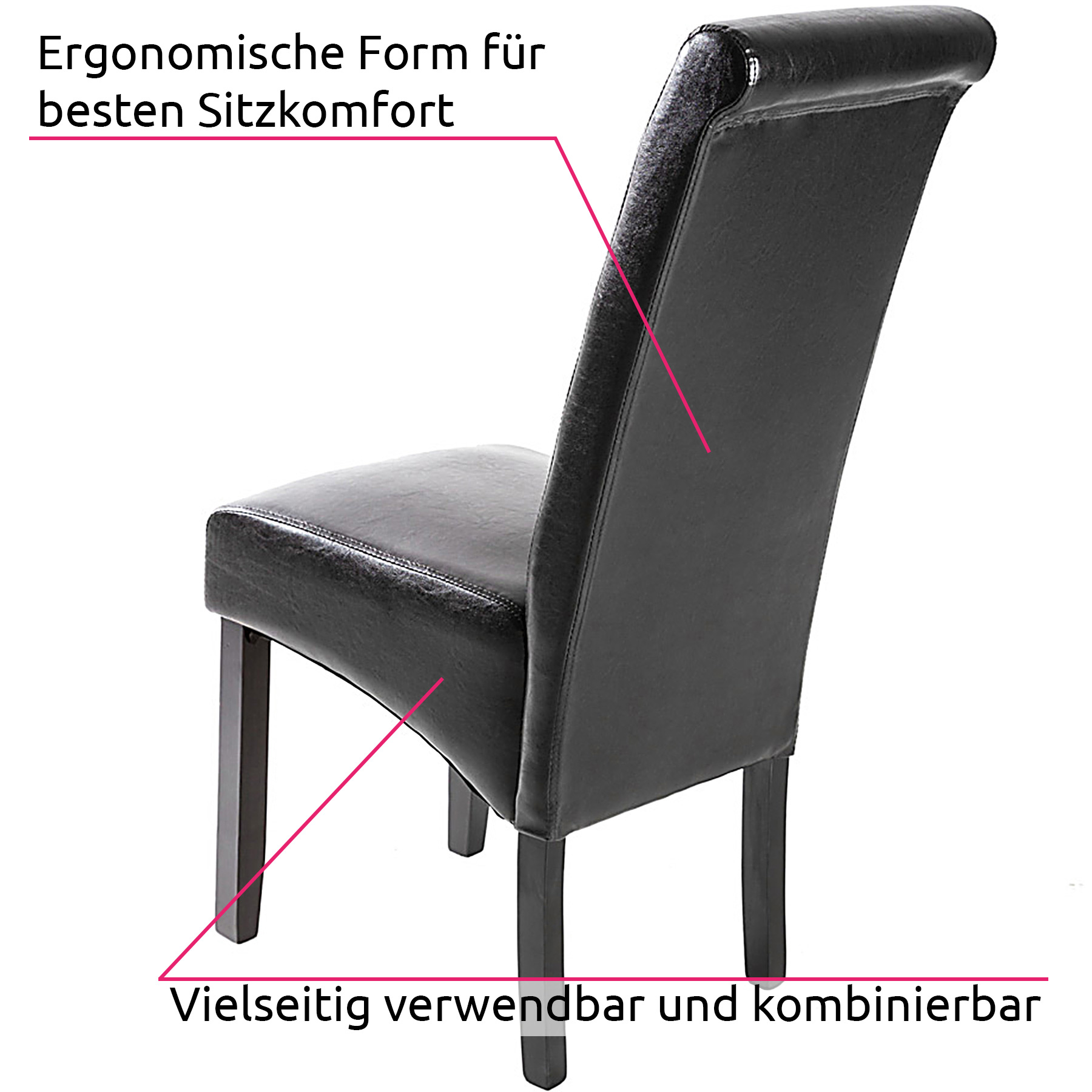 tectake® Esszimmerstuhl, gepolstert mit Kunstlederbezug, massive Holzbeine, 44 x 63 x 106 cm