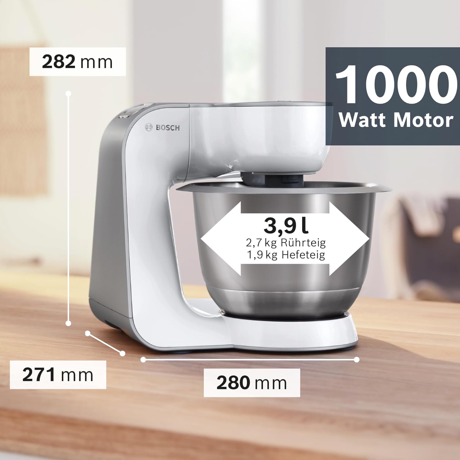 Bosch Küchenmaschine Serie 4, Knethaken, Rühr- & Schneebesen Edelstahl, Edelstahlschüssel spülmaschinenfest, 3D Rührsystem, weiß/silber, MUM58200