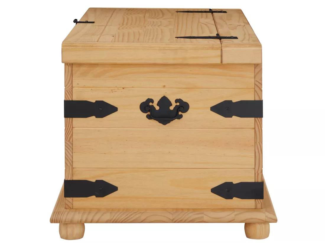 Coffre de rangement TEQUILA malle rectangulaire en bois style mexicain avec abattant, en pin massif finition teintée et cirée