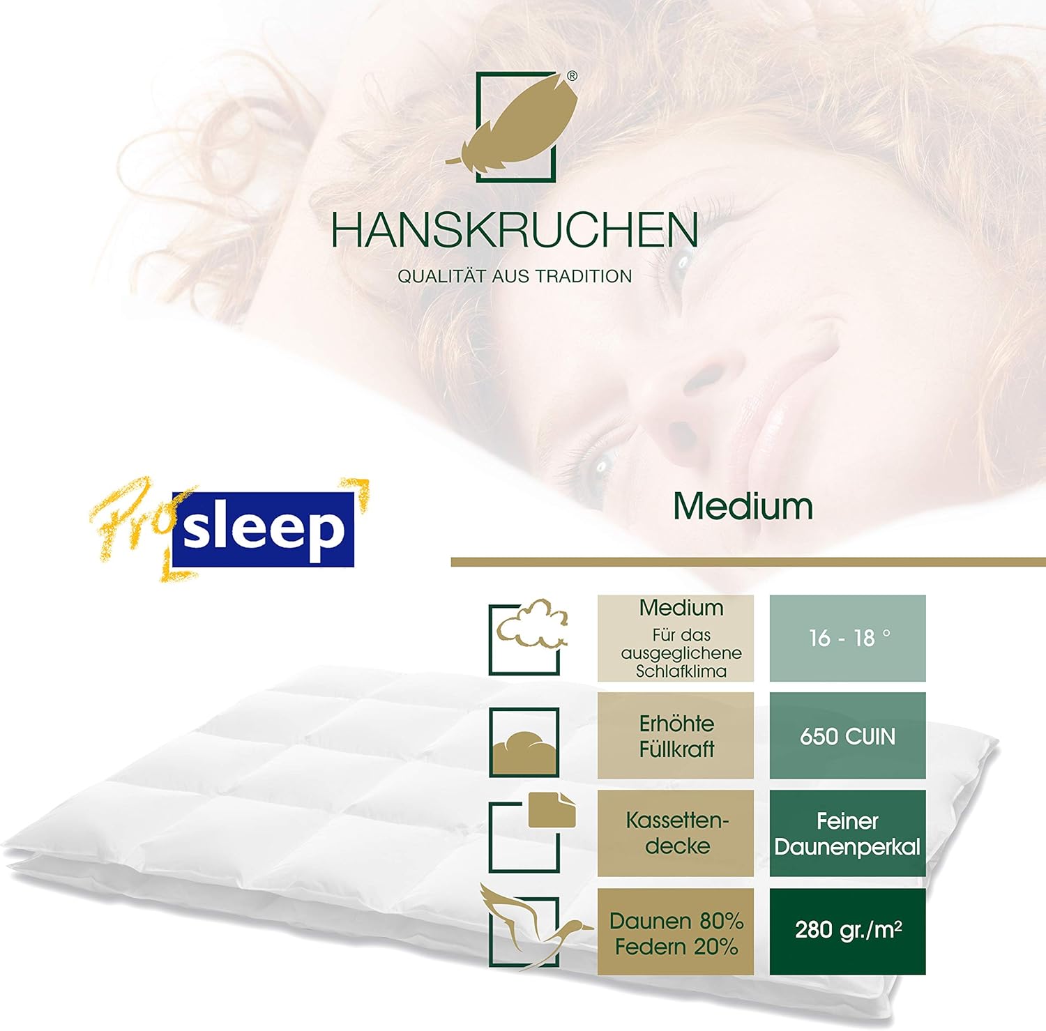 Pro Sleep Daunendecke 135x200 cm - Medium - Made in Germany Kassettendecke aus 100% Baumwolle - Allergiker geeignet