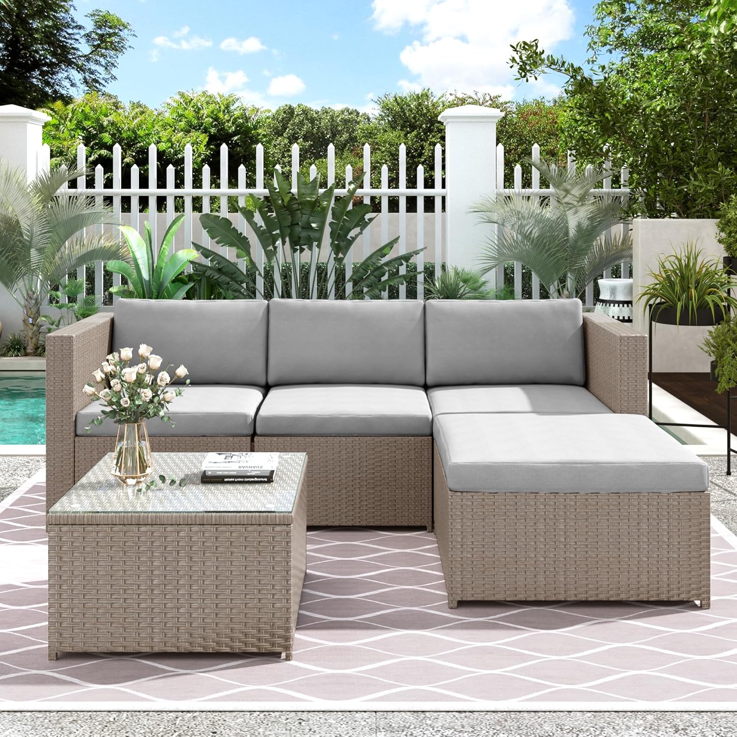 Merax Polyrattan Lounge, Gartenmöbel Set Balkonmöbel für 3-4 Personen, Gartenlounge, Sitzgruppe Outdoor mit Kissen und Glastisch, Terrassenmöbel, Ecksofa, für Garten Balkon und Terrasse, Khaki