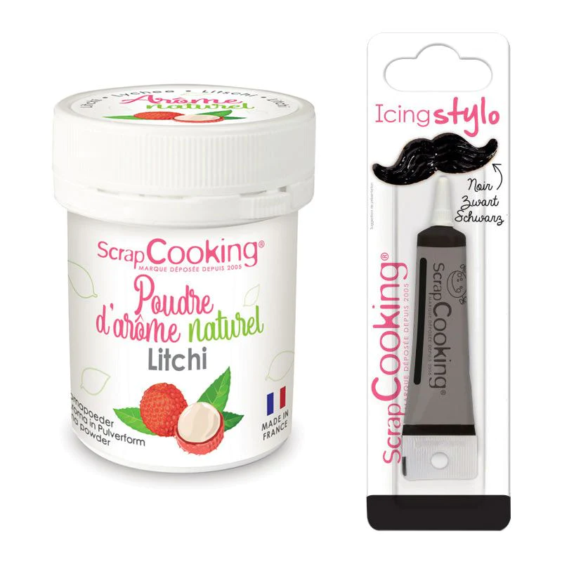 Arôme alimentaire naturel Litchi + Stylo de glaçage noir Scrapcooking