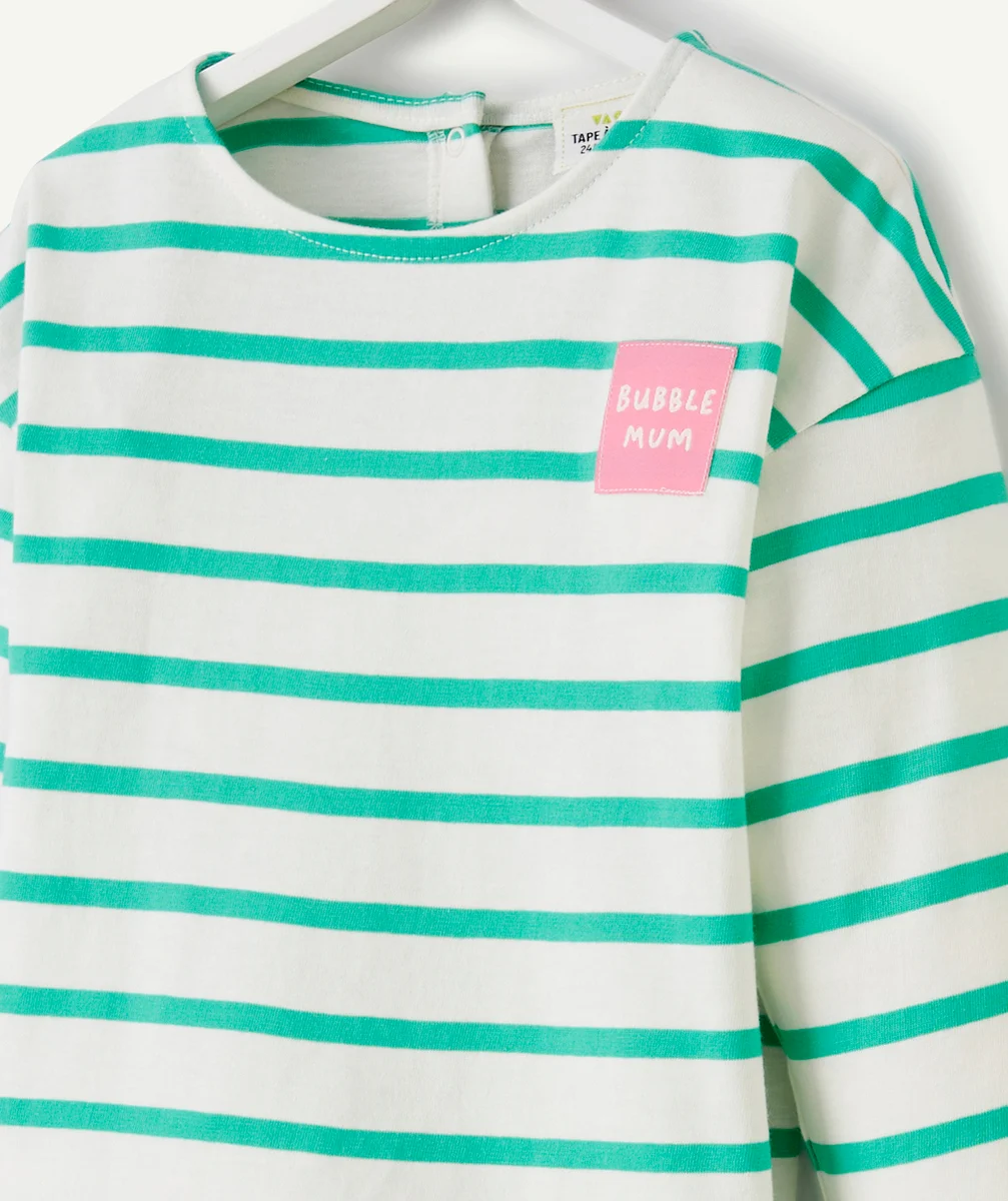 T-SHIRT BÉBÉ FILLE EN COTON BIO BLANC À RAYURES VERTES AVEC PATCH BRODÉ ROSE