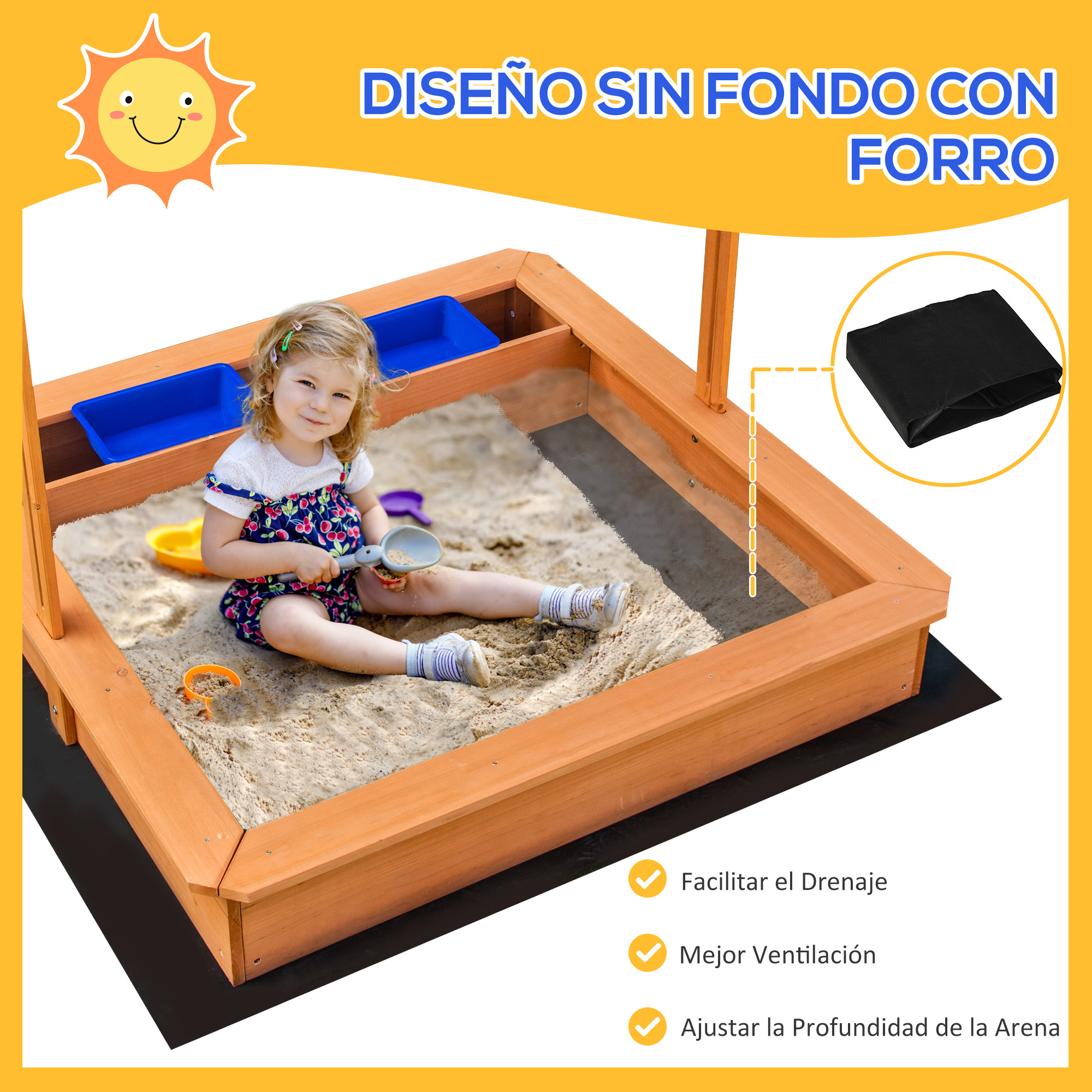 Caixa de areia infantil de madeira Outsunny com teto inclinável ajustável em altura e 2 baldes de plástico, caixa de areia para jardim para crianças a partir de 3 anos, 107,5 x 107,5 x 110 cm, natural