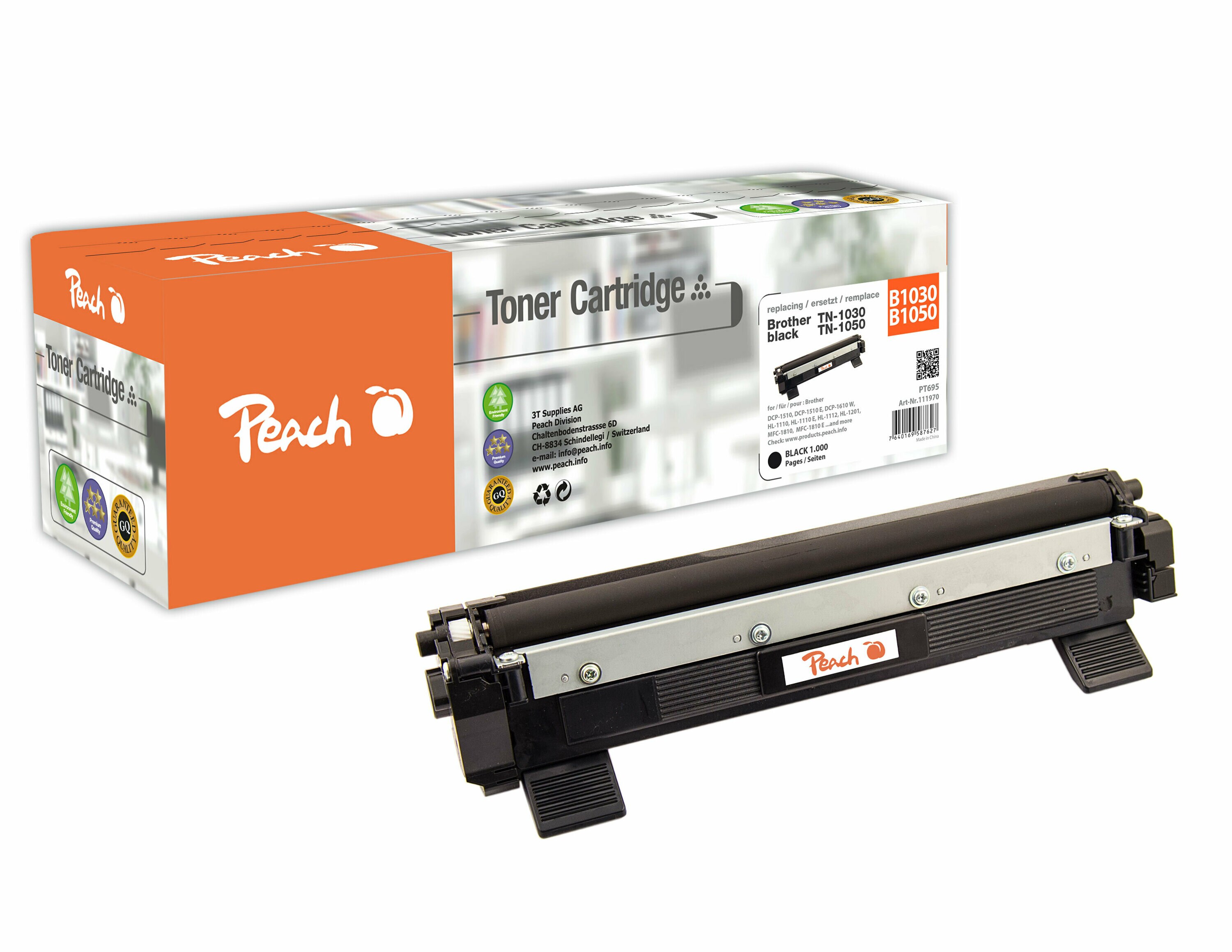 Peach B1030Toner bk ersetzt Brother TN-1030, TN-1050 für z.B. Brother DCP -1510, Brother DCP -1510 E, Brother DCP -1512, Brother DCP -1512 A (wiederaufbereitet)