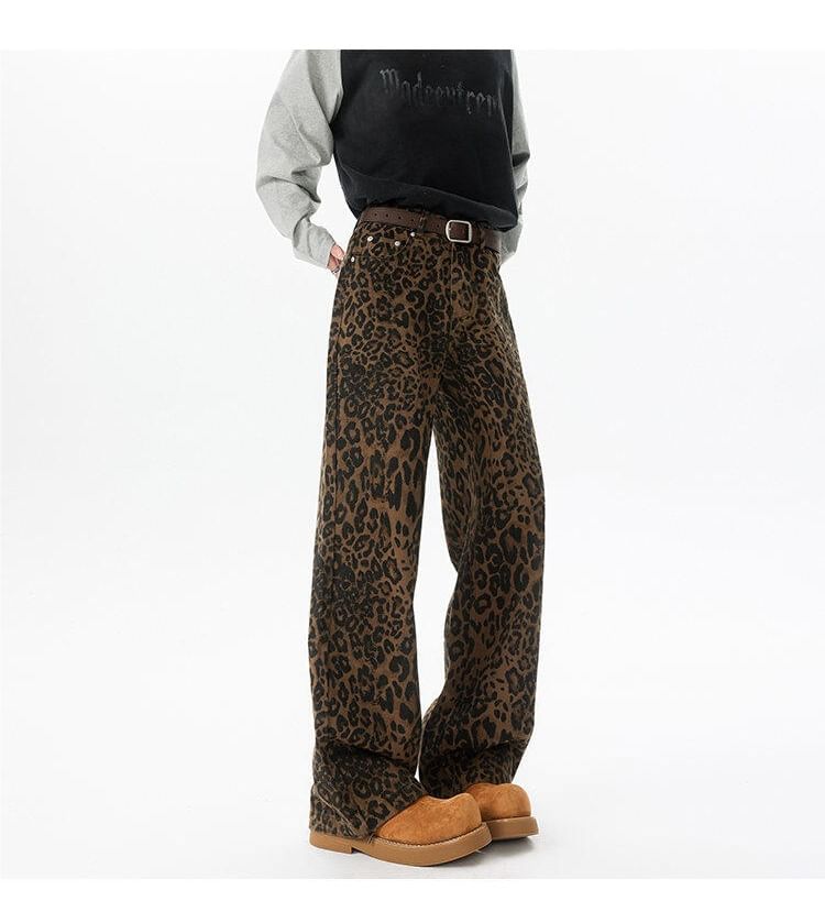 Sheck - Mid Rise Leopard Print Straight Leg Jeans (Diverse designs)