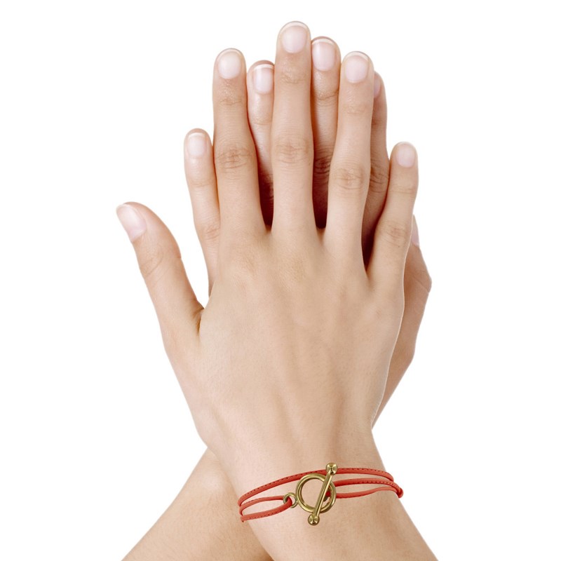 Bracelet Double Tour Plaqué Or Fermoir T et Lien en Cuir Coulissant - Orange