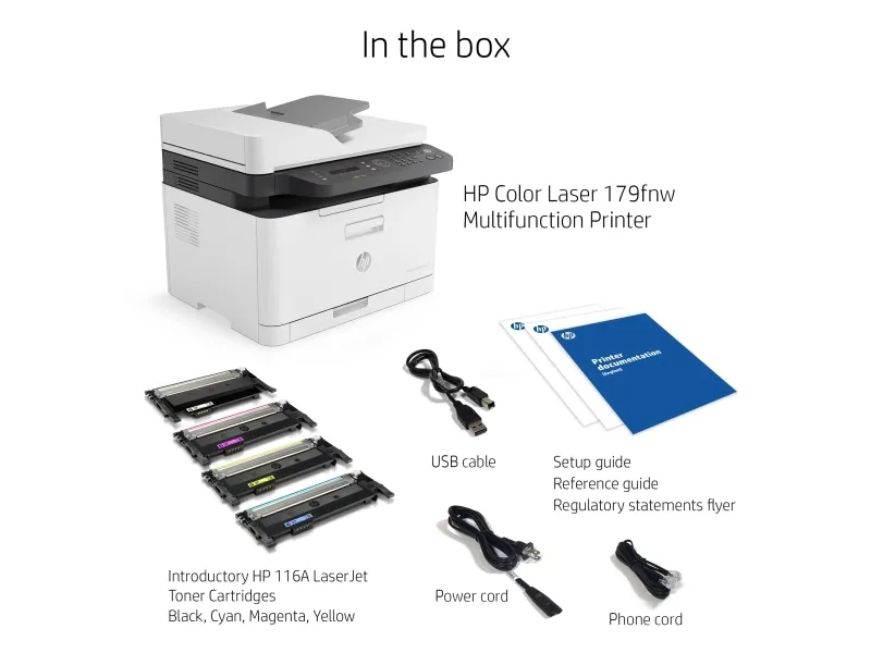 HP Color Laser MFP 179fnw - Multifunktionsprinter - farve - laser - A4 (210 x 297 mm) (original) - A4/Letter (medie) - op til 14 spm (kopiering) - op til 18 spm (udskriver) - 150 ark - 33.6 Kbps - USB 2.0, LAN, Wi-Fi(n)