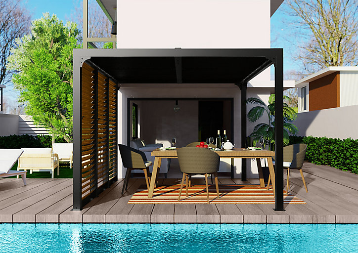Pergola bioclimatique ALU + ventelles latérales imitation bois 3 m x 3,6 m 10,80 m2 Habrita