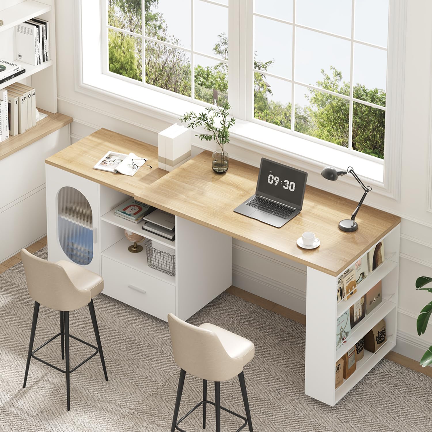 IBF Kücheninsel Freistehend mit Arbeitsplatte Auf 7 Rollen Küchenschrank Küchenwagen Moderne Mobile Kücheninsel Mit 360 Grad Drehbarer Holzplatte und Schublade Für Esszimmer Weiß 184 cm